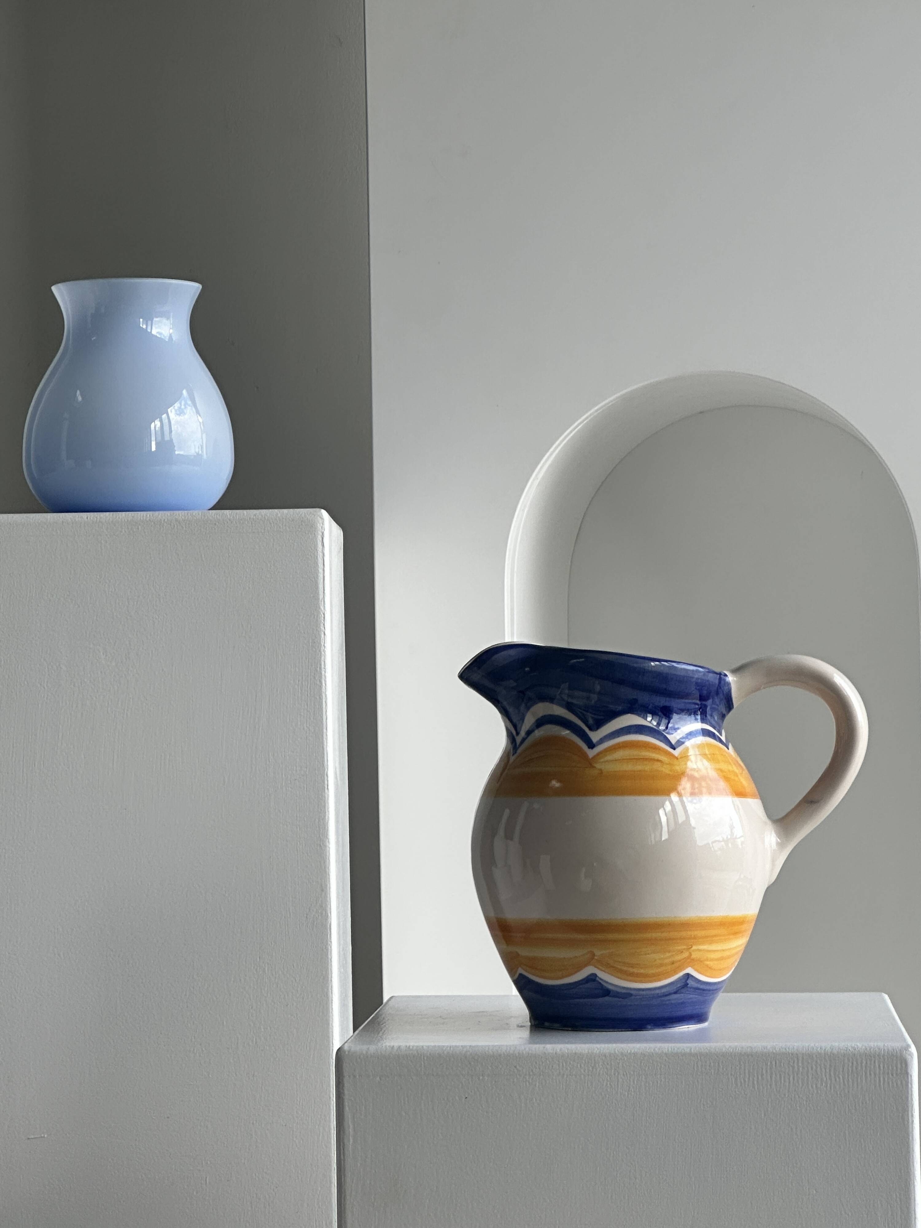 Large blue and yellow hand painted carafe H:20cm