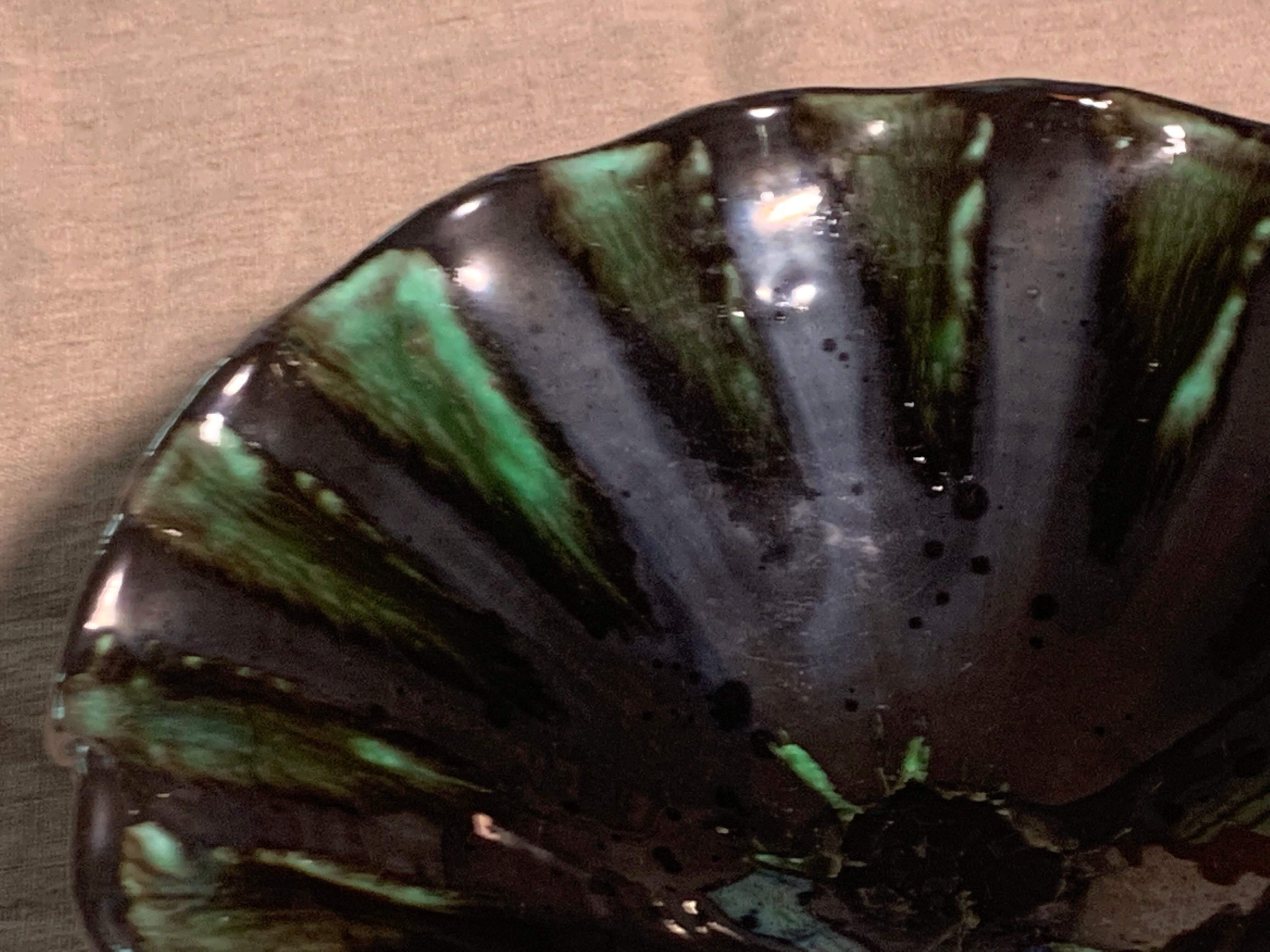 Vintage green and black glazed ceramic fruit cup