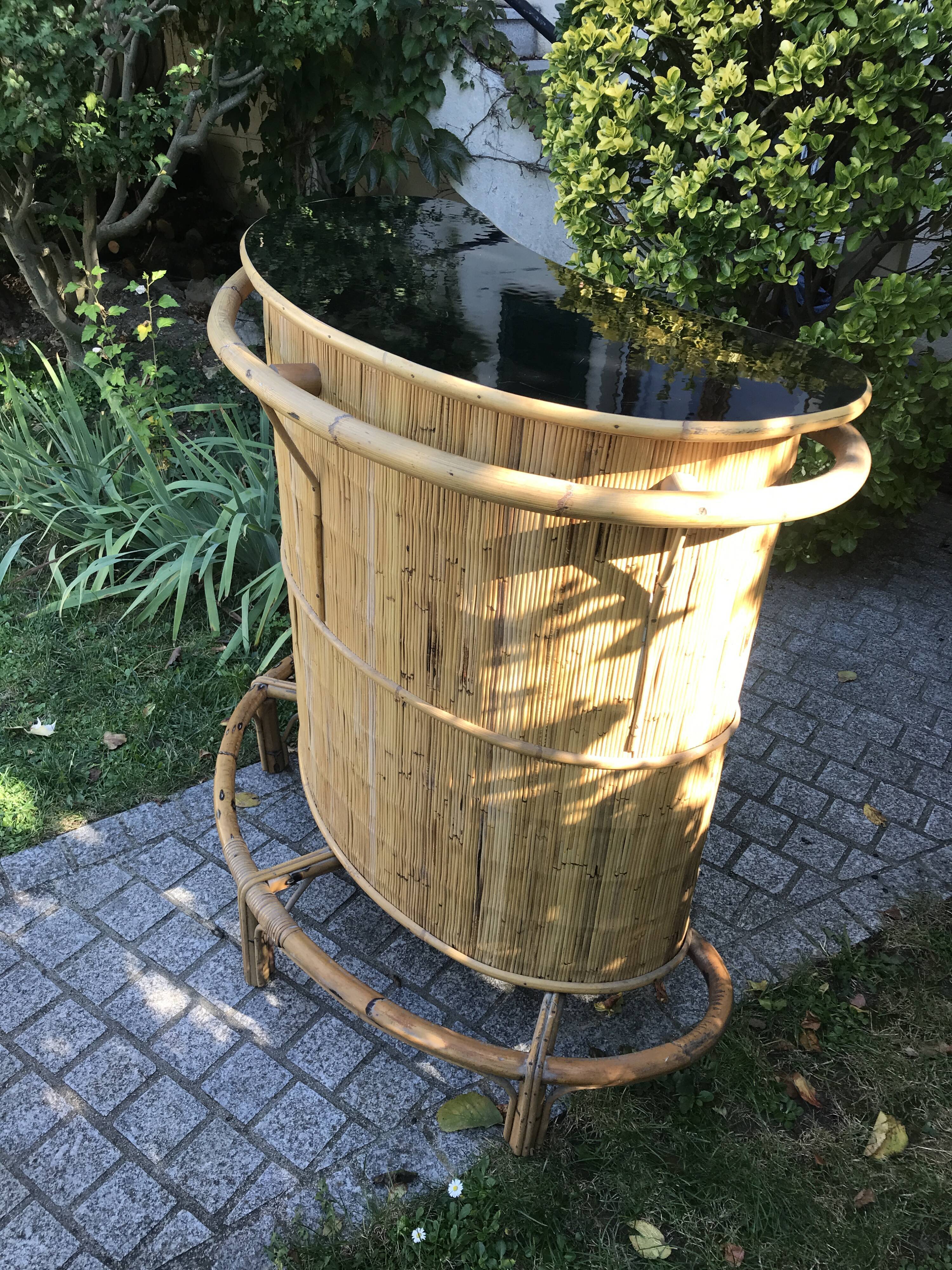 Rattan and bamboo bar & his 2 stools vintage 1950