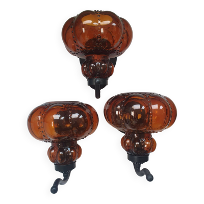 Trois grandes appliques murales verre marron vintage