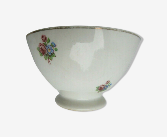 Bol vintage Art Déco blanc sur talon, décor de petits bouquets Roses et Myosotis