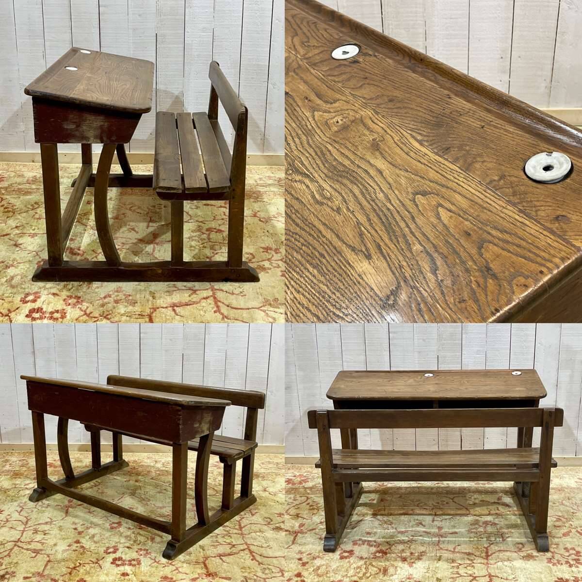 Early 20th-century oak school desk with porcelain inkwells