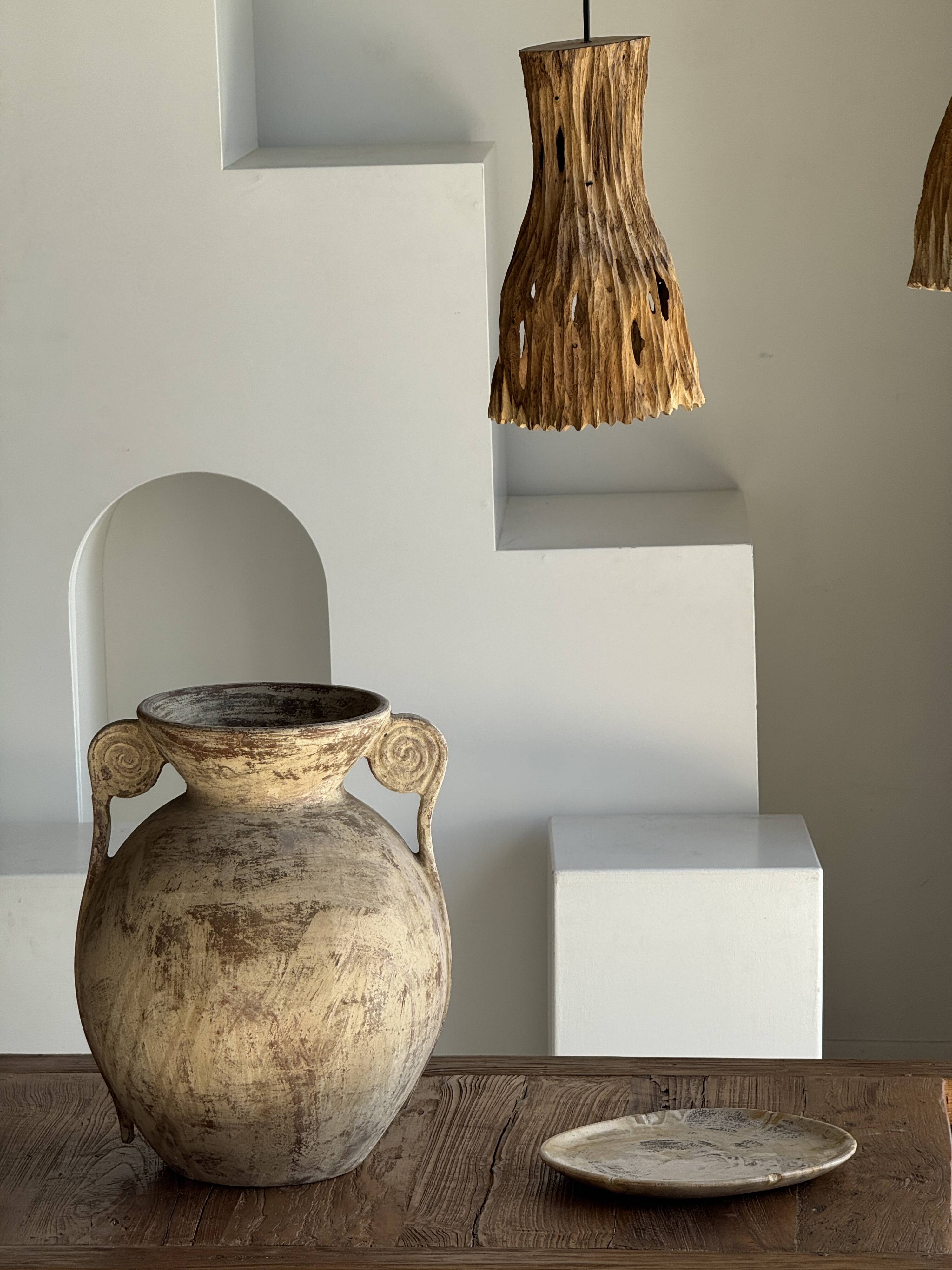 Suspension or lampshade in natural organic teak, tubular, H30 D22.