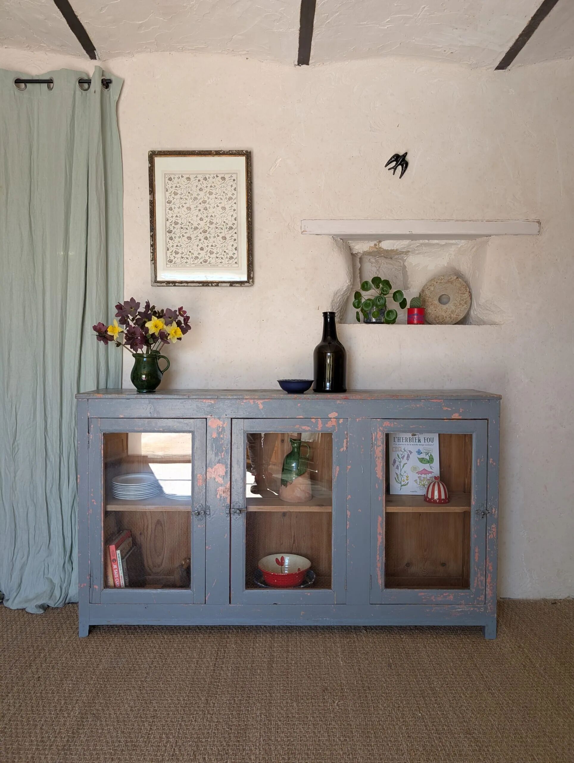 Glazed enfilade antique workbench – blue patina