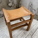 Solid elm and leather stool Maison Regain