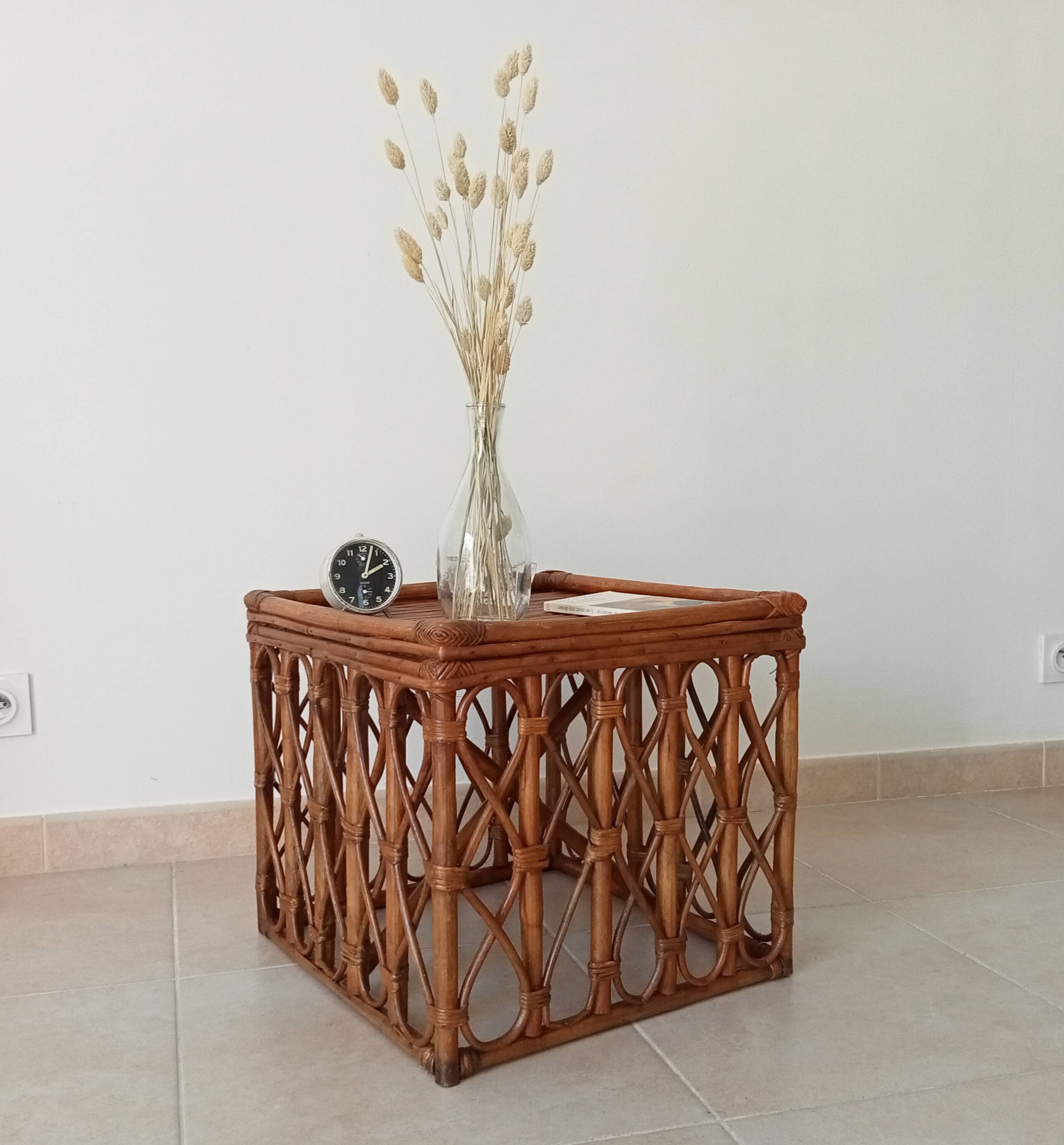 Table basse vintage en bambou et rotin années 60/70