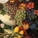 Large pastel signed Annie Faure, still life with flowers and fruits