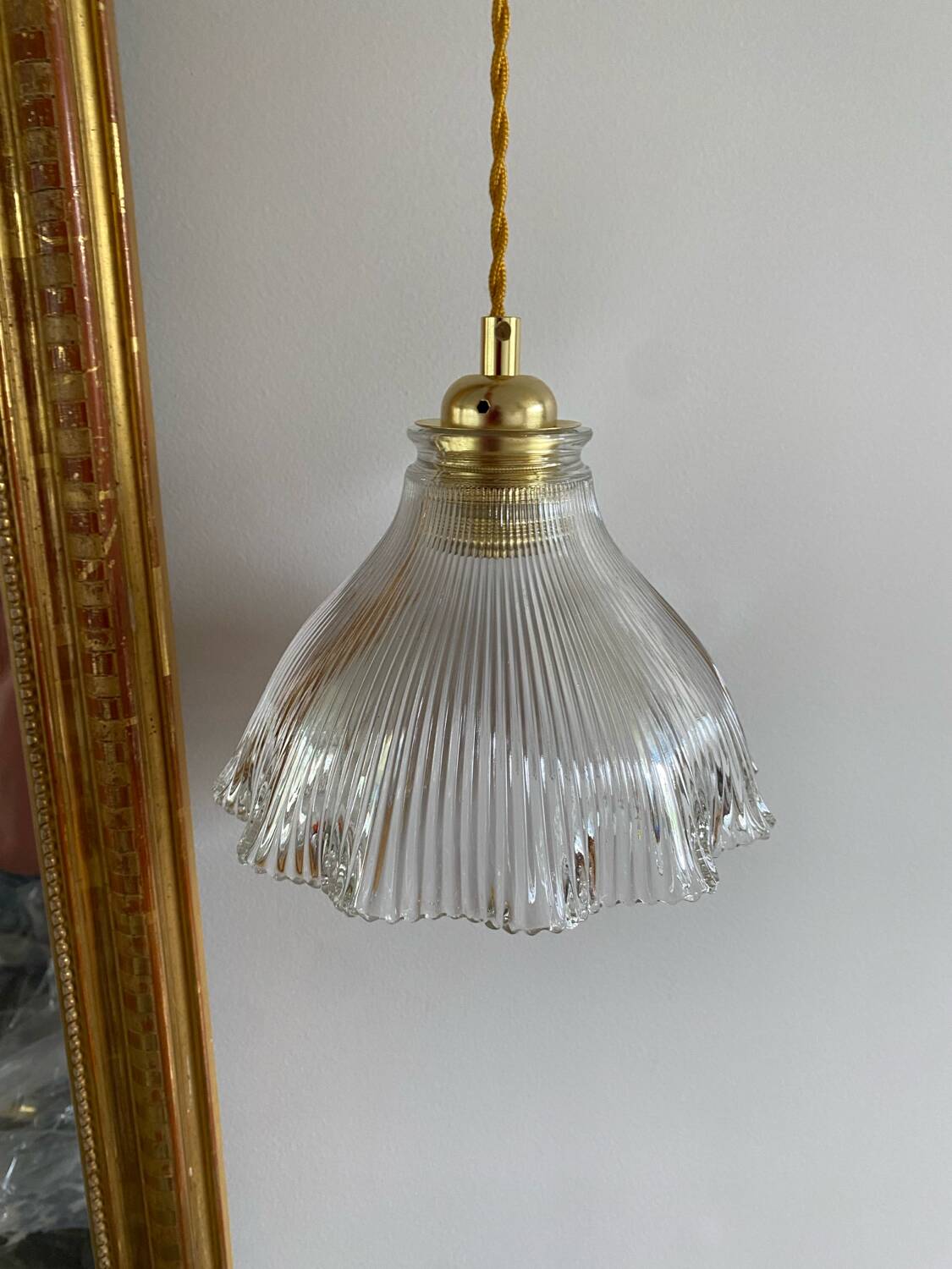 Vintage glass holophane pendant light
