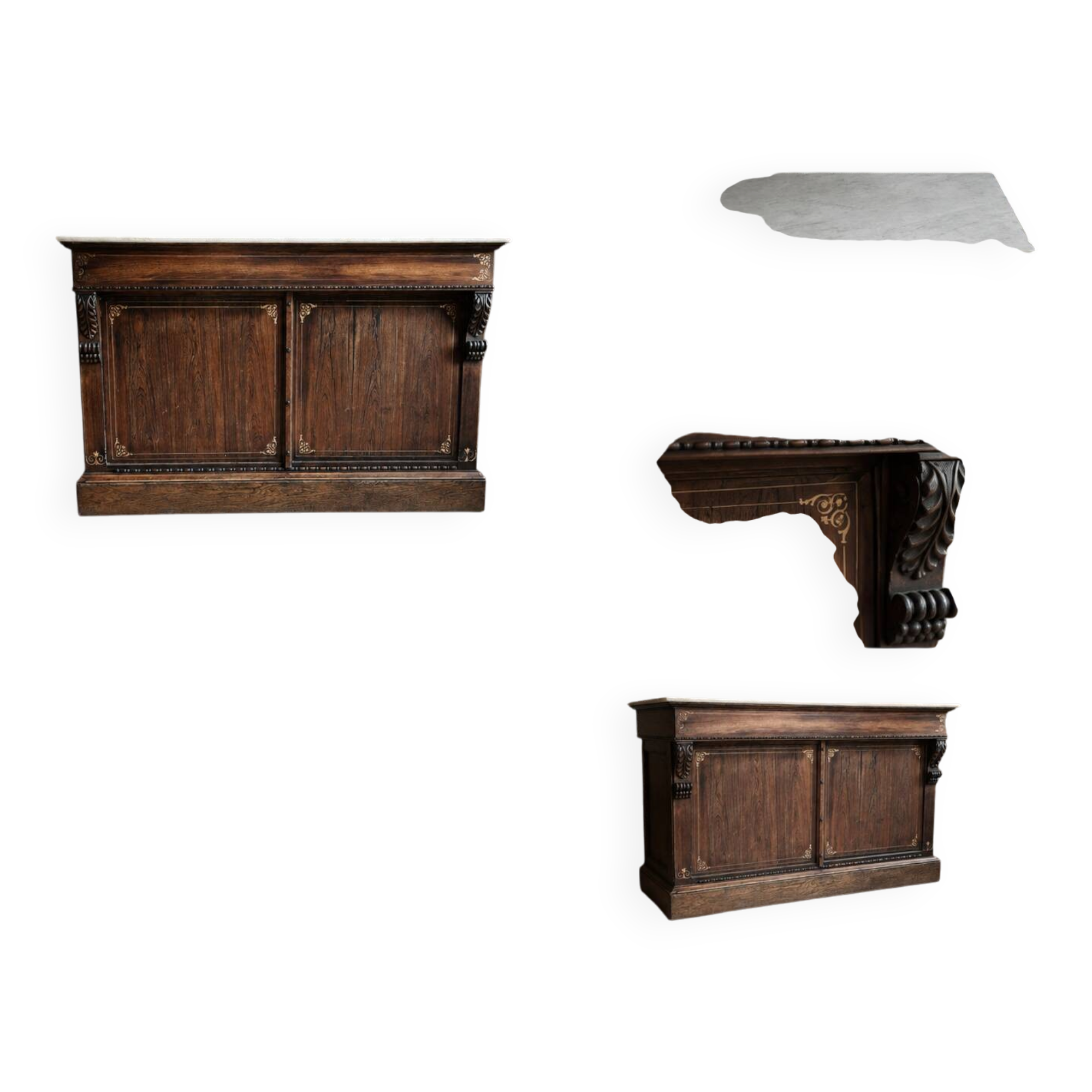 Antique bakery counter in rosewood and Carrara marble.