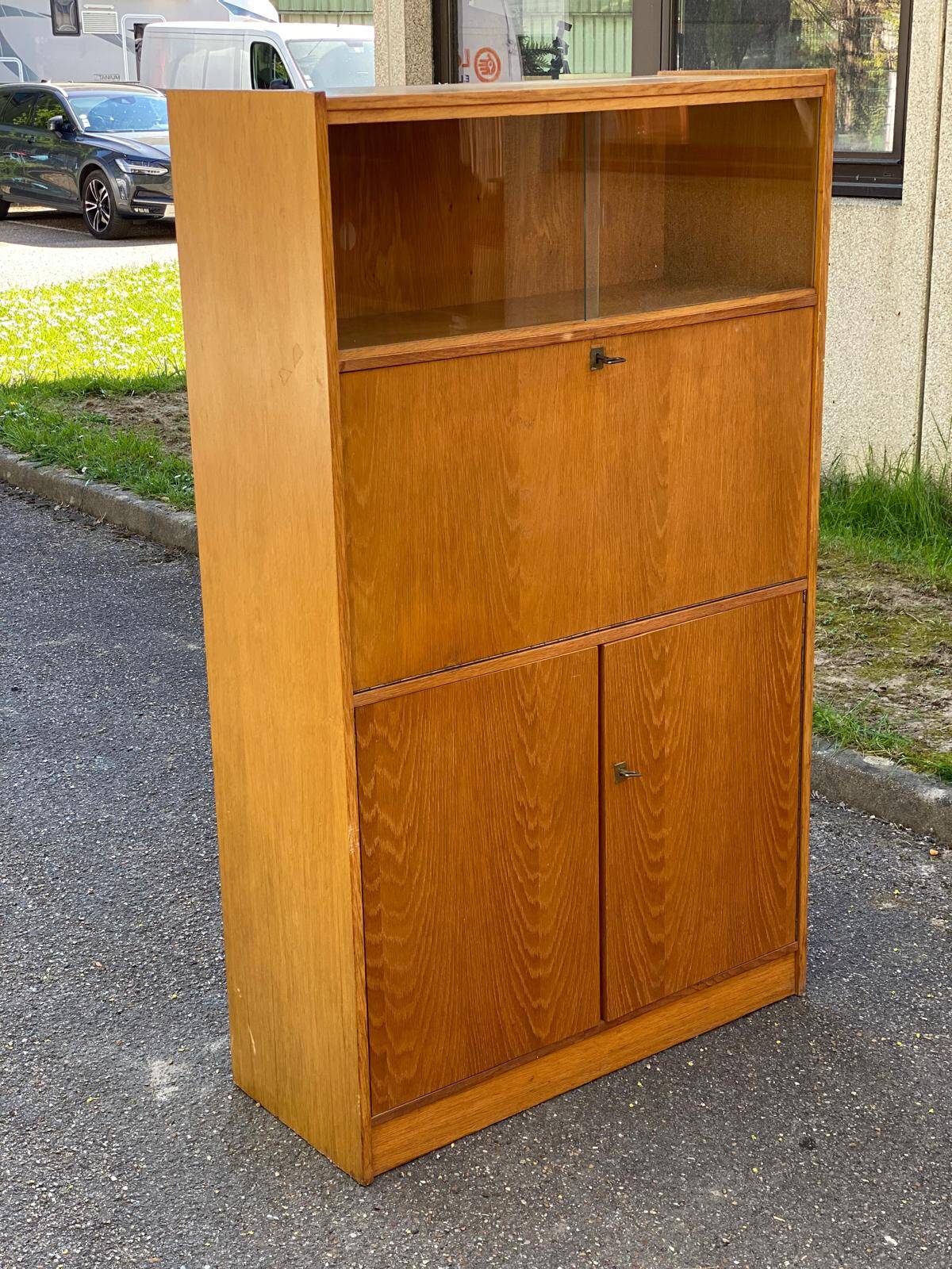 Vintage Scandinavian glass secretary with 3 doors