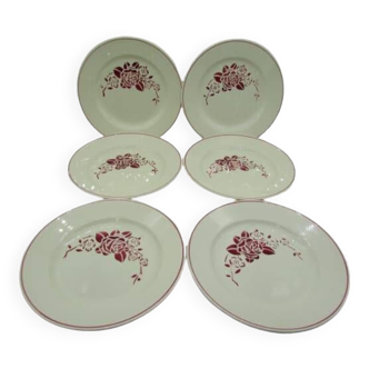 assiettes plates Sarreguemines DV décor de rose au pochoir