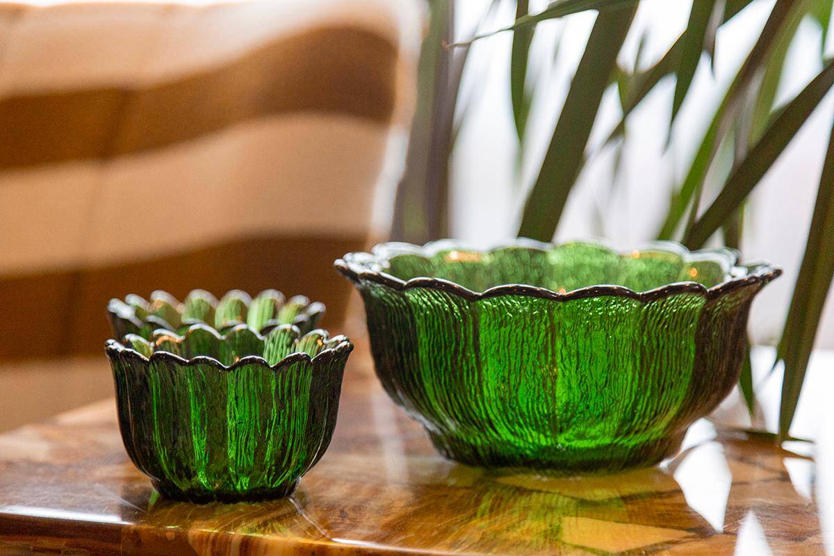 Ensemble de Trois Bols en Cristal Vert Milieu du Siècle, Italie, Années 1970
