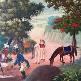 Soldiers and horses lost in the forest, signed