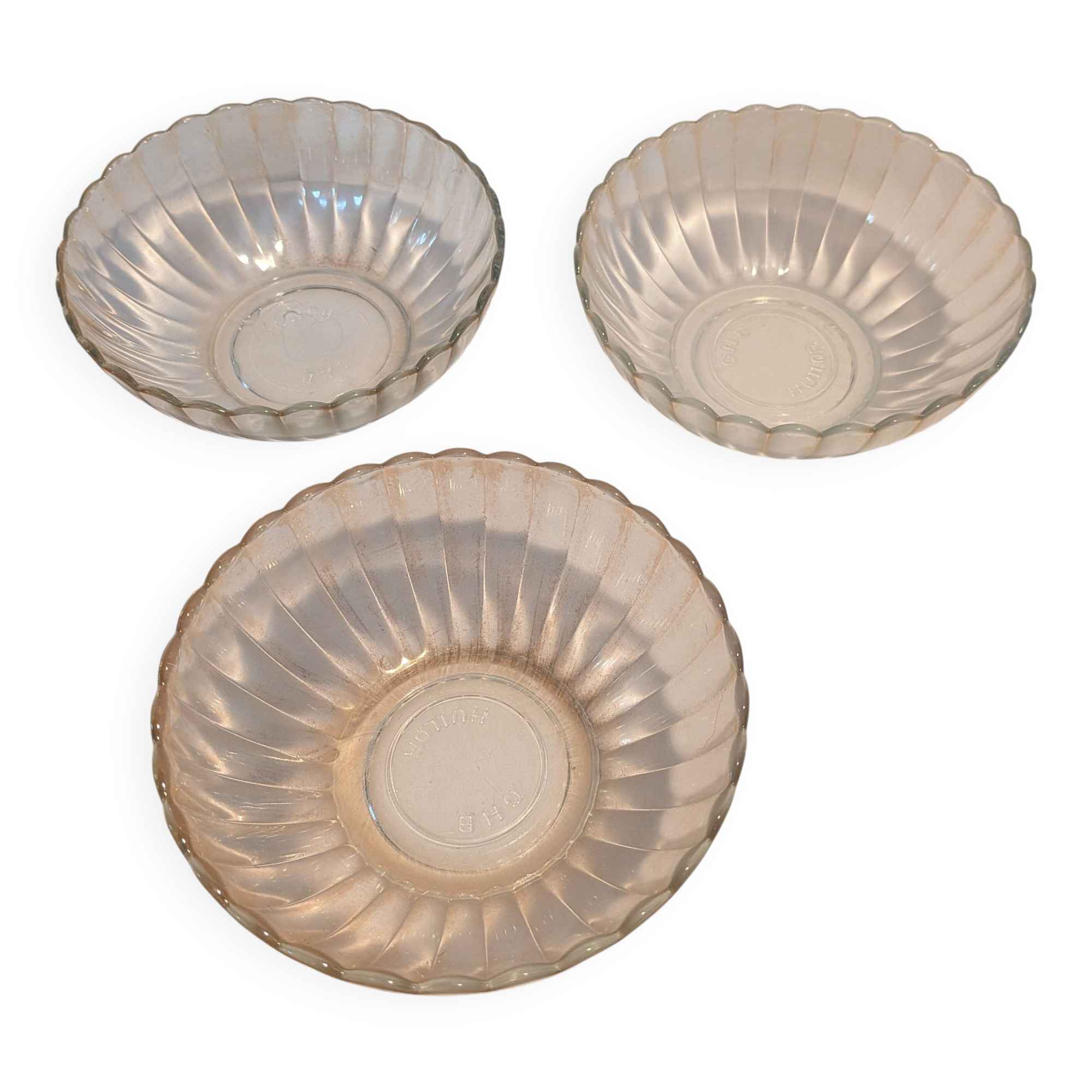 Set of 3 vintage Huilor GHB bowls – moulded glass