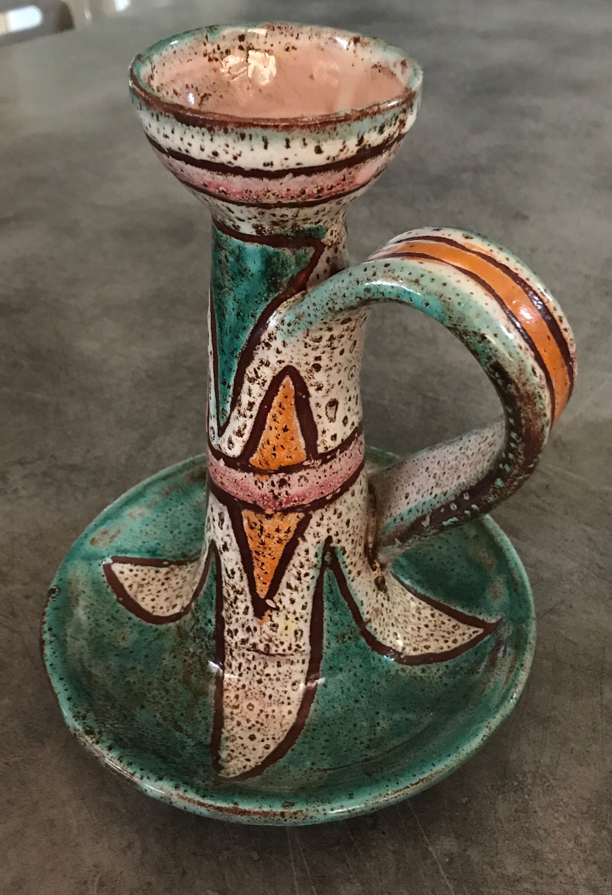 Hand candleholder in enamelled ceramic, polychrome paint, art deco, numbered