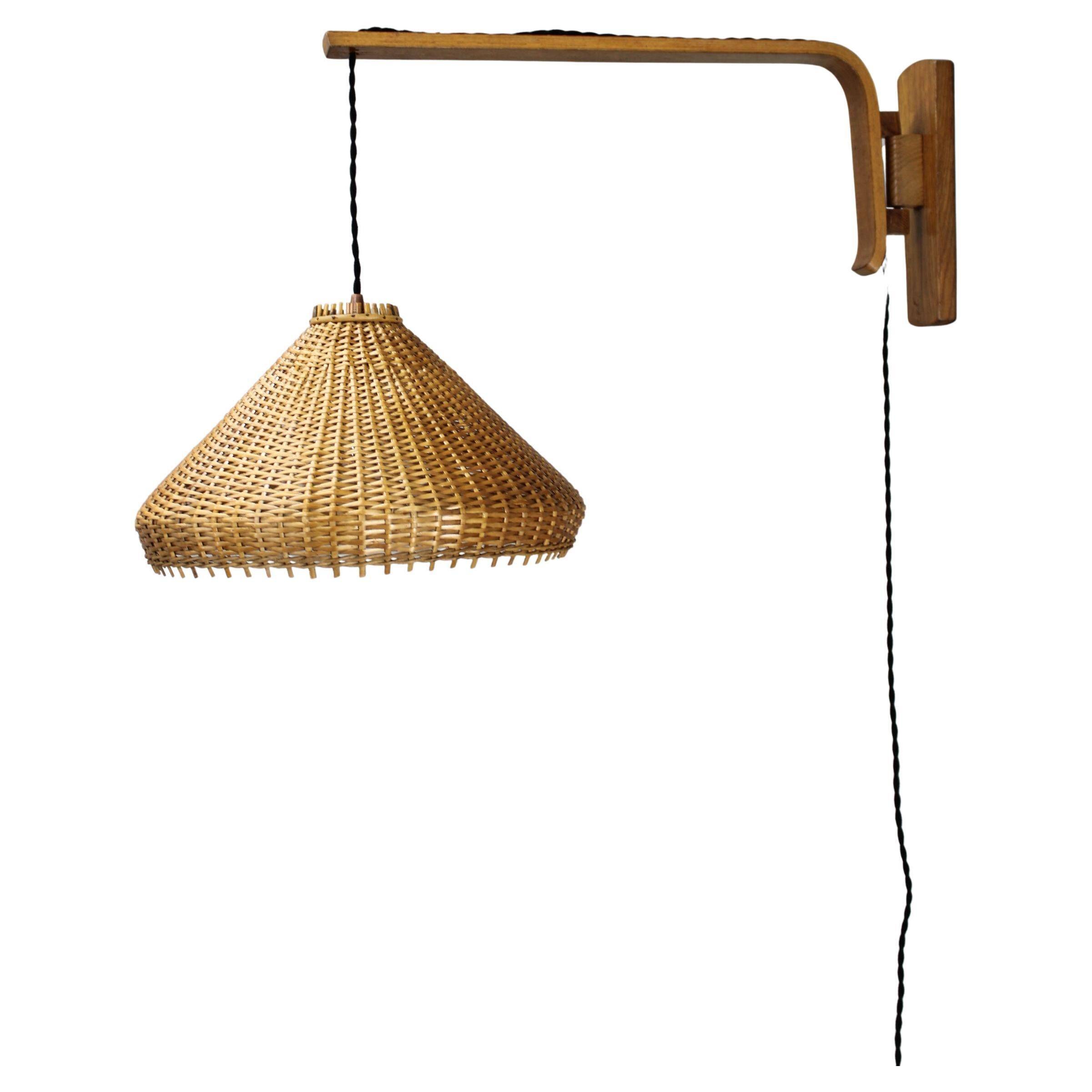 Adjustable oak and wicker wall lamp, Czechoslovakia, 1970s