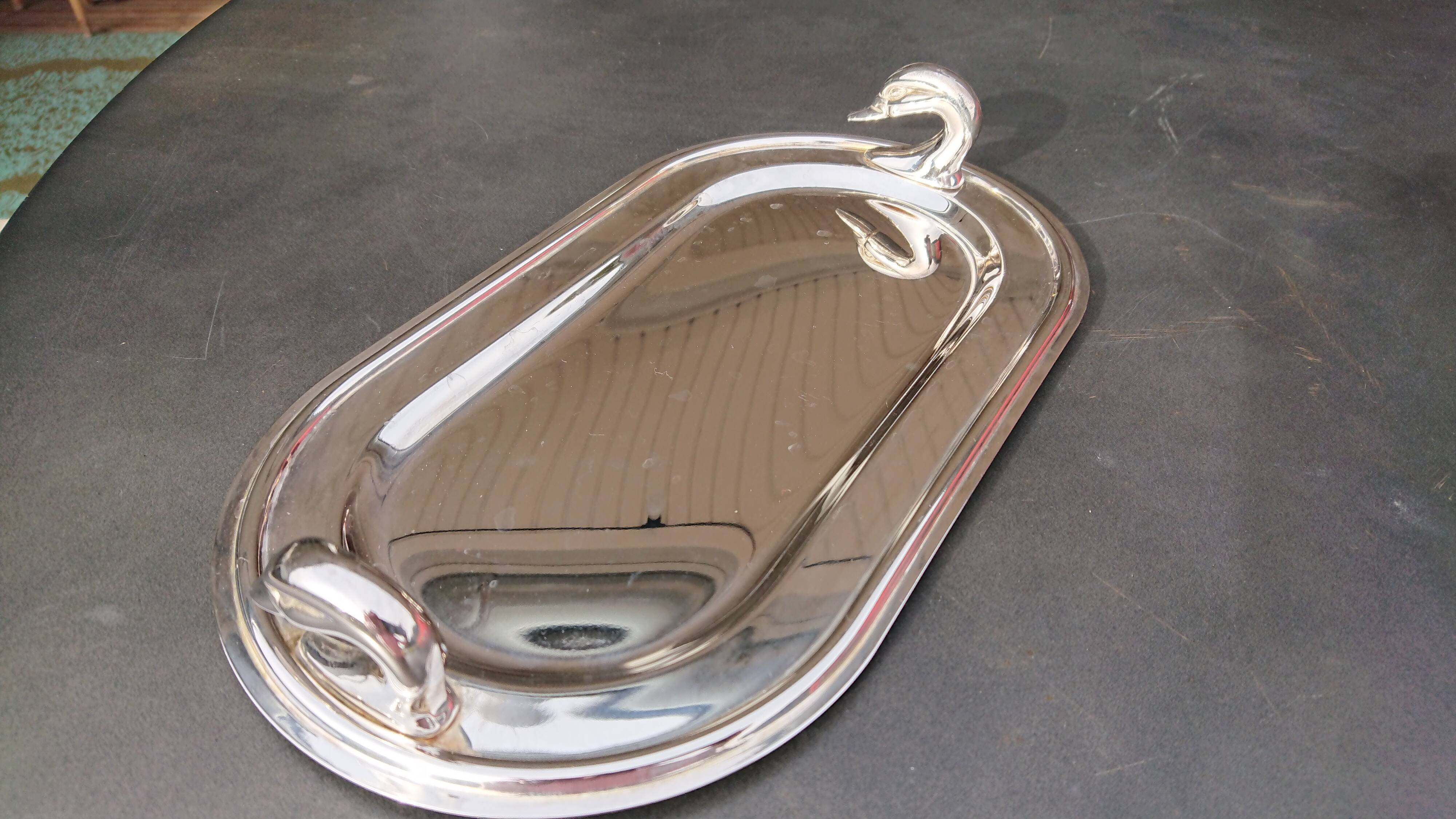 Silver metal tray, swan handles