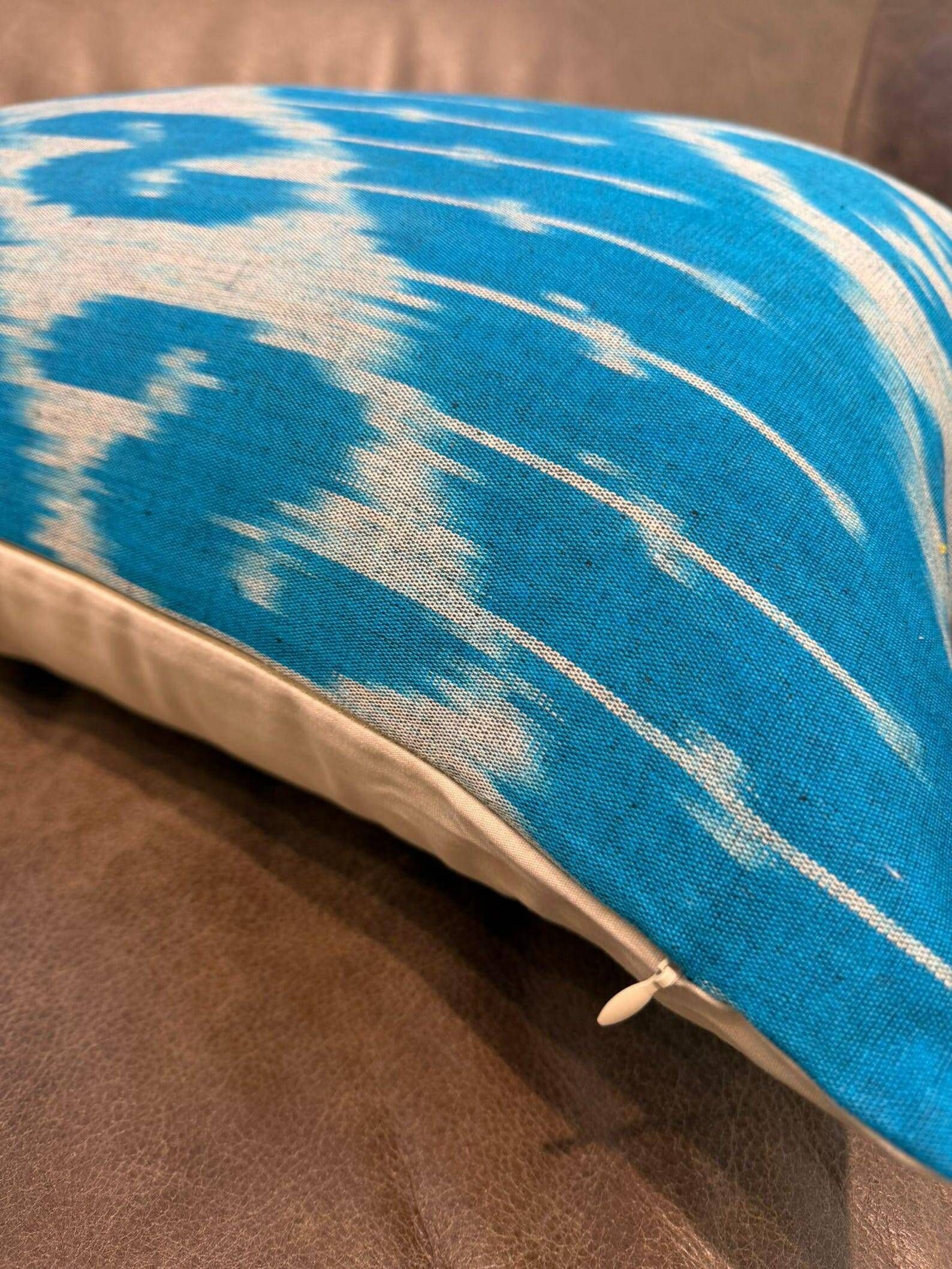 Handmade Silk Ikat Lumbar Cushion Cover, Sky Blue Oval Print Pillow Case