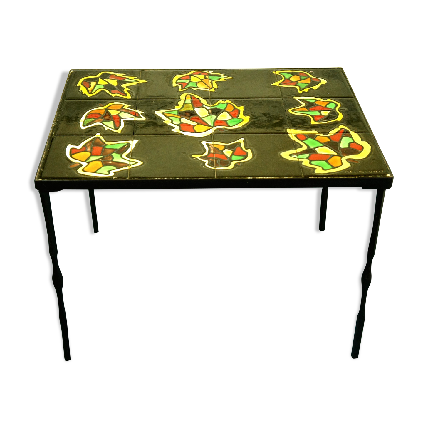 Signed black steel-ceramic side table