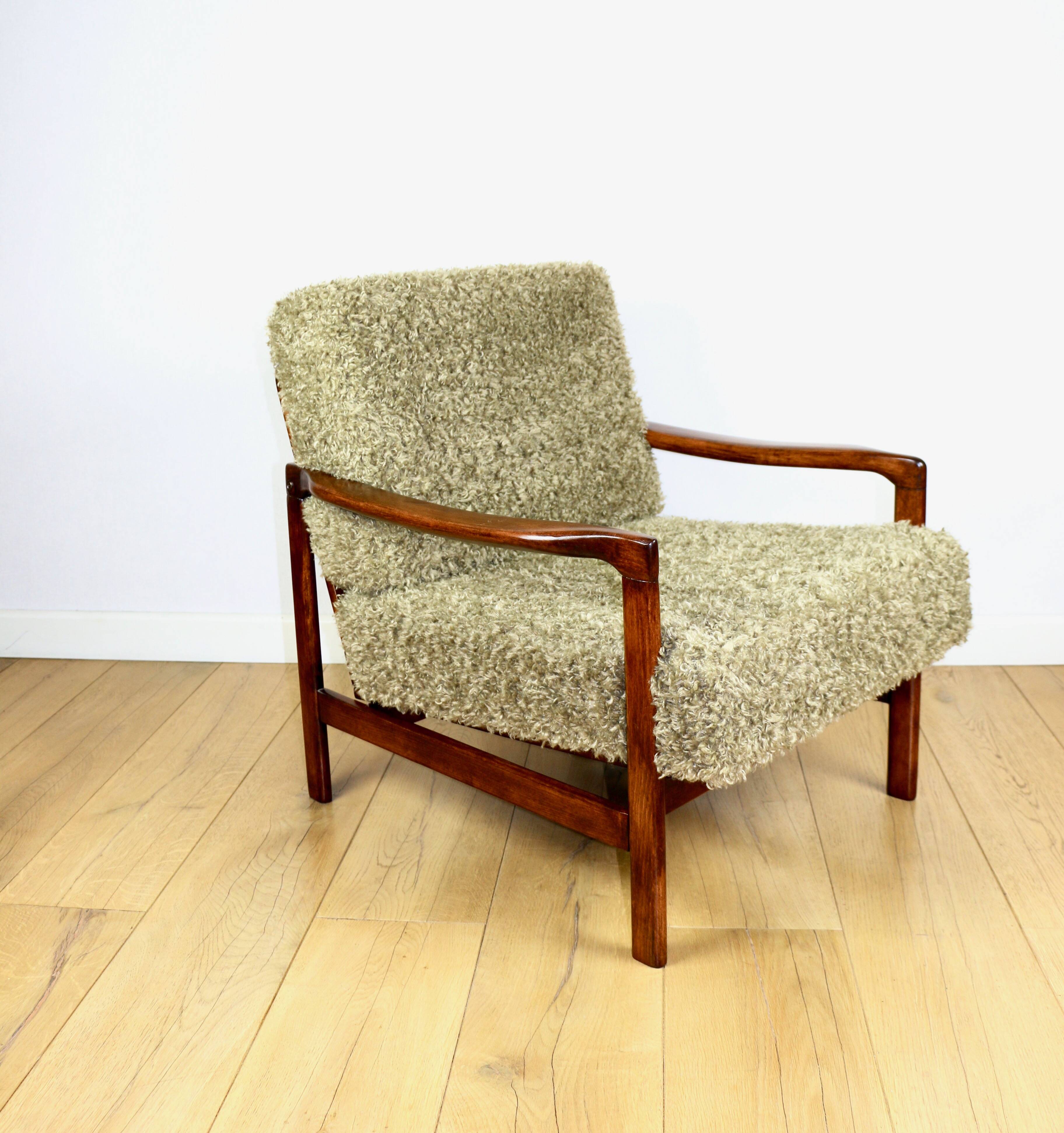 Wooden vintage brown armchair, olive green long hair, design by Z. Bączyk - 2 pieces available