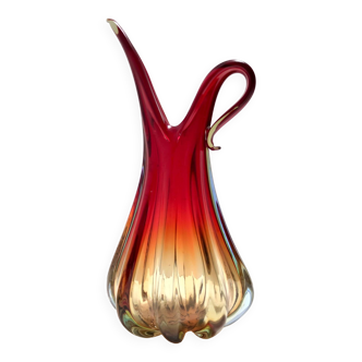 vase vintage en verre de Murano Sommerso rouge, orange et jaune, Italie