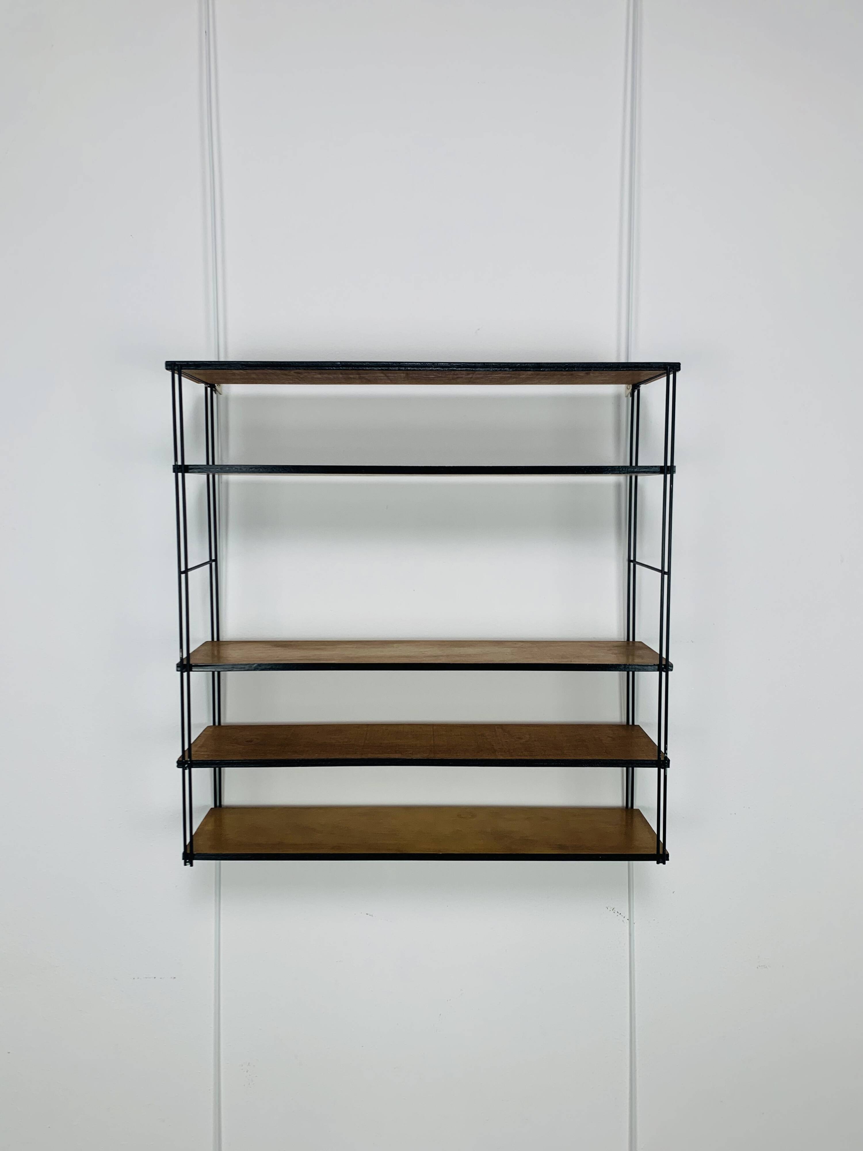60s wall-mounted string shelf, wood and metal