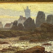 A. Laemmermann, oil painting on cardboard depicting a rocky landscape.