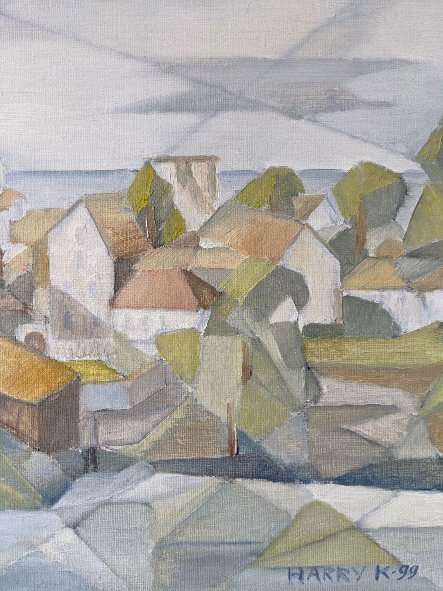 Framed Modernist Swedish Oil Painting "Cubist Coastal Town"