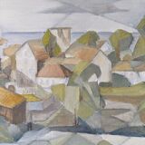 Framed Modernist Swedish Oil Painting "Cubist Coastal Town"