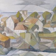 Framed Modernist Swedish Oil Painting "Cubist Coastal Town"