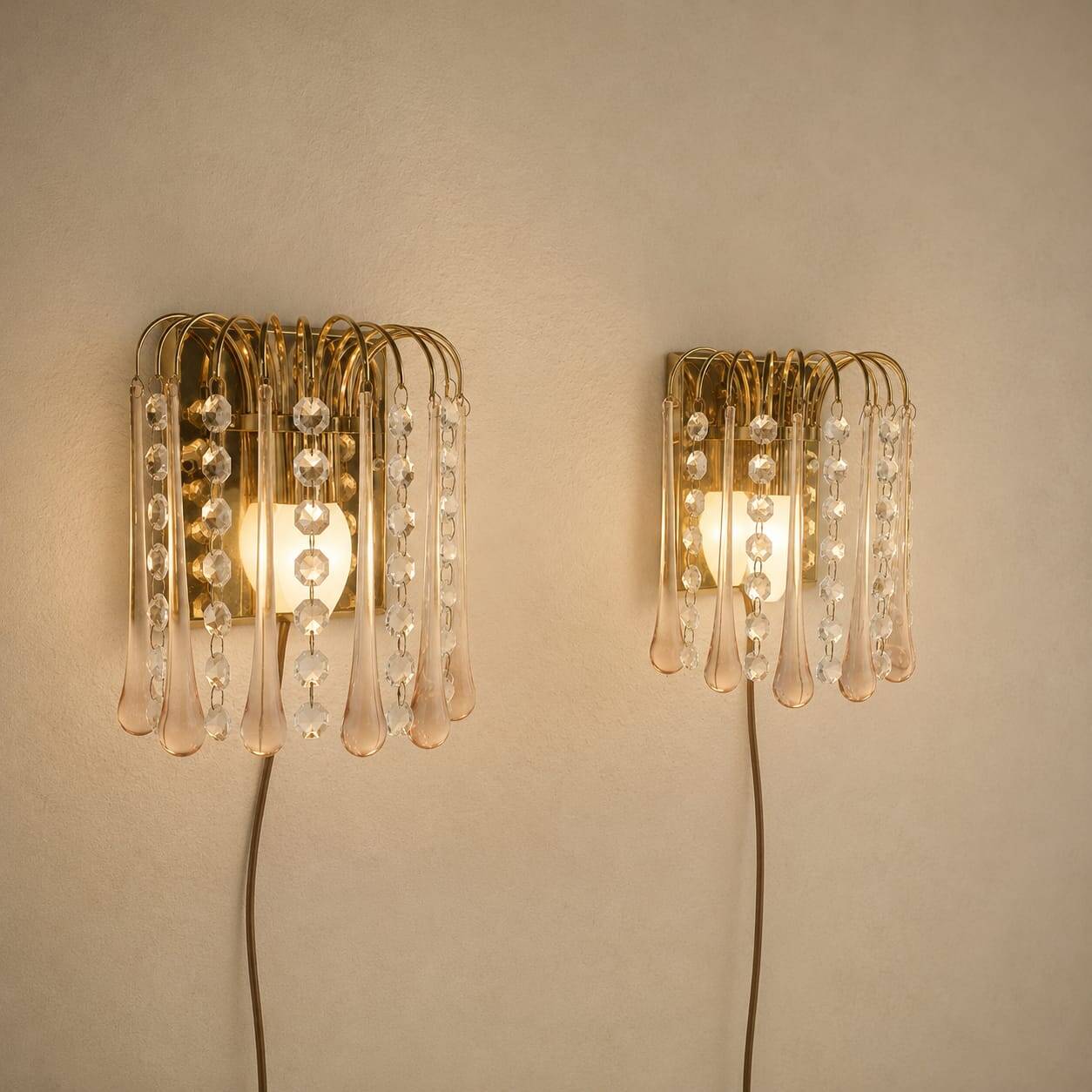 Set of 2 Hollywood Regency Murano glass wall lamps, 1970s