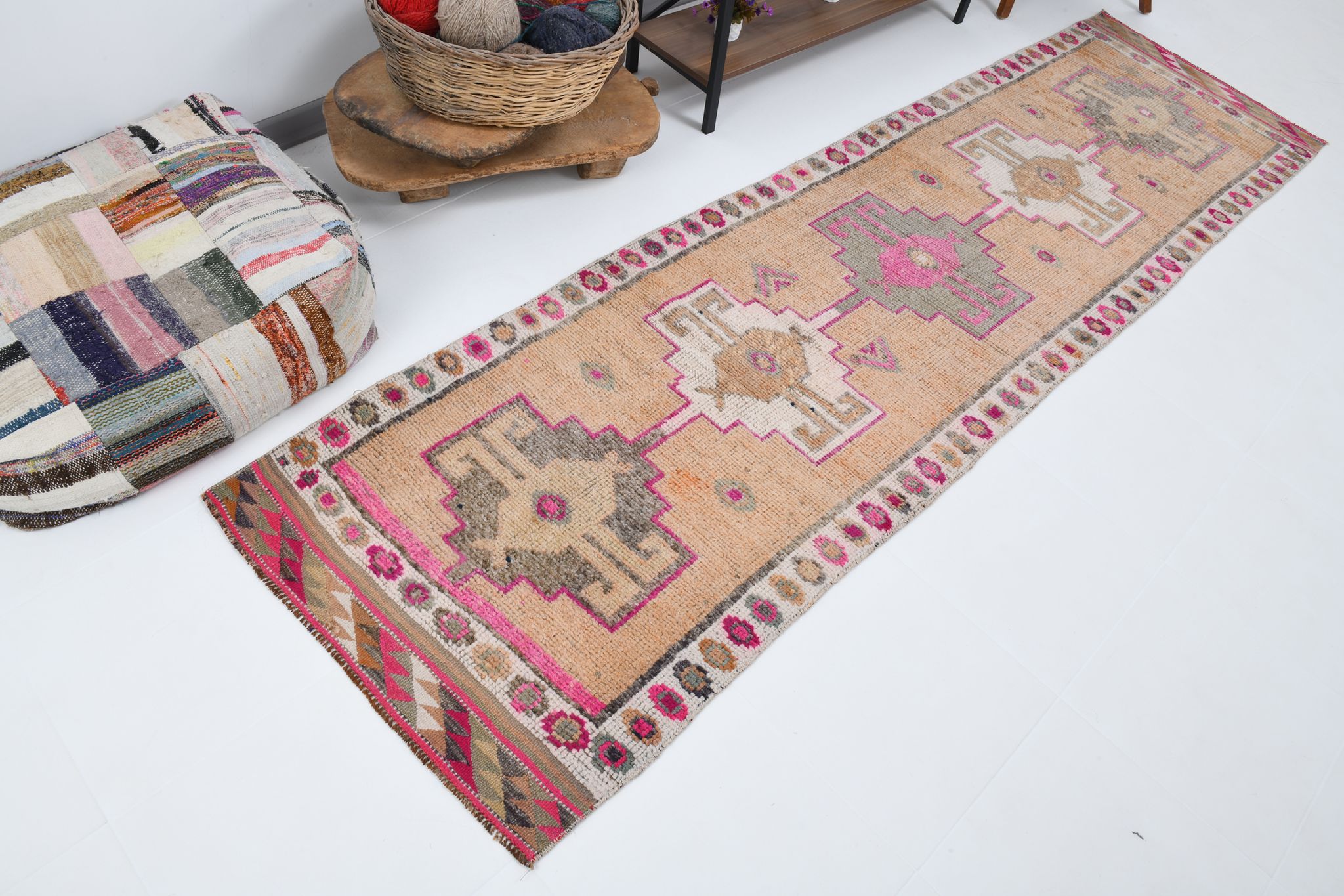 Neutral color handmade runner rug 317x87cm