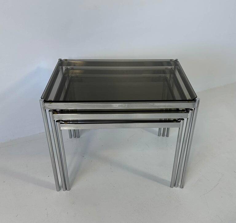 Italian Midcentury Set of Three Chromed Metal Glass Stackable Tray Tables,