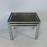 Italian Midcentury Set of Three Chromed Metal Glass Stackable Tray Tables,
