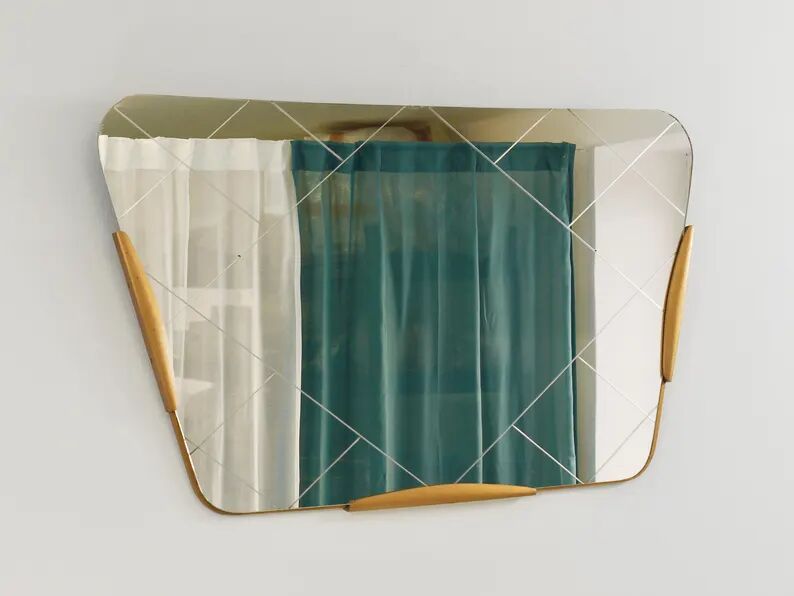 Large Trapezoidal Golden Wall Mirror With Engraved Diamond Pattern, Austria, 1950s