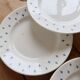 6 assiettes plates vintage en faïence blanche – décor fleurs de lys bleu