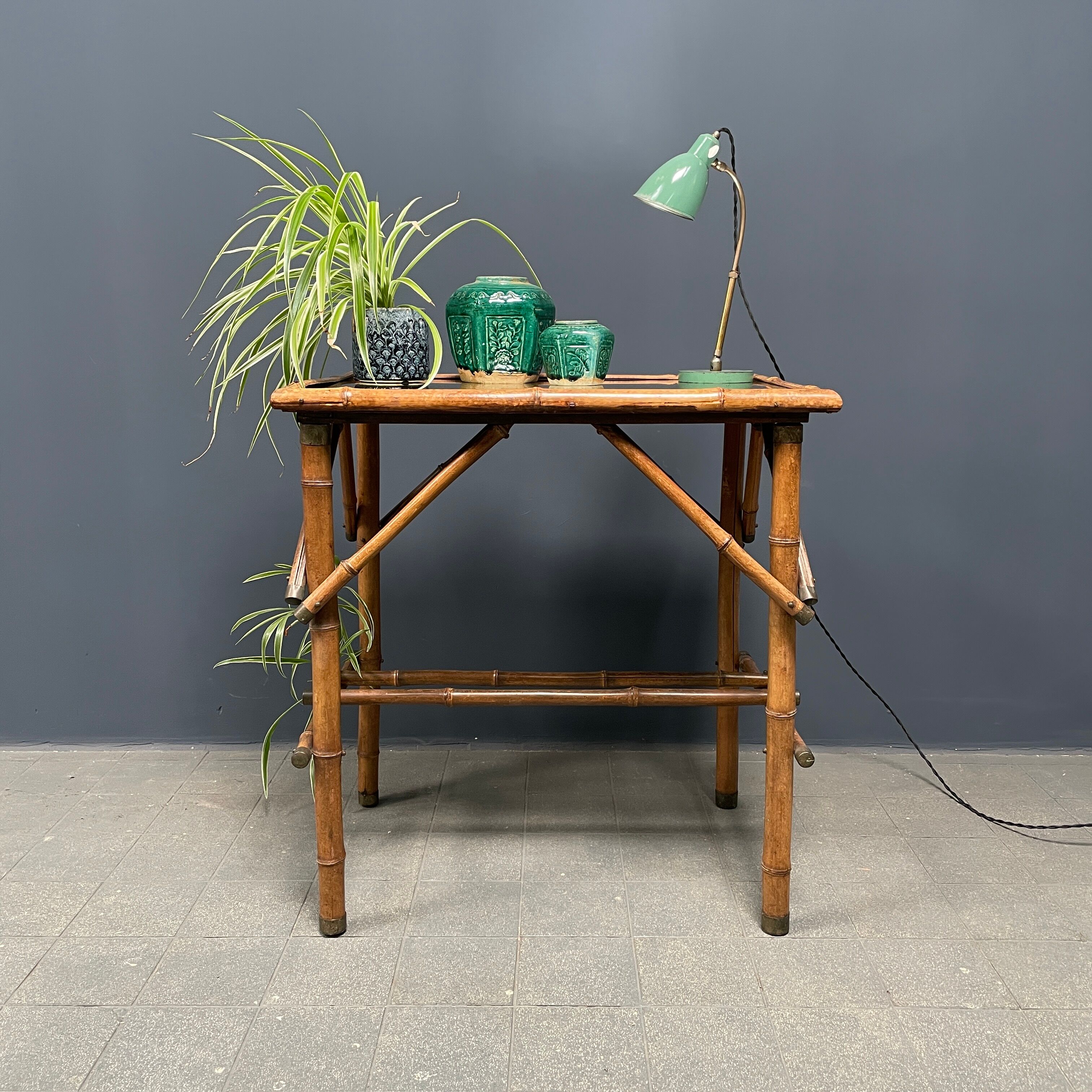 Bamboo side table with mirror top from France, 1940s