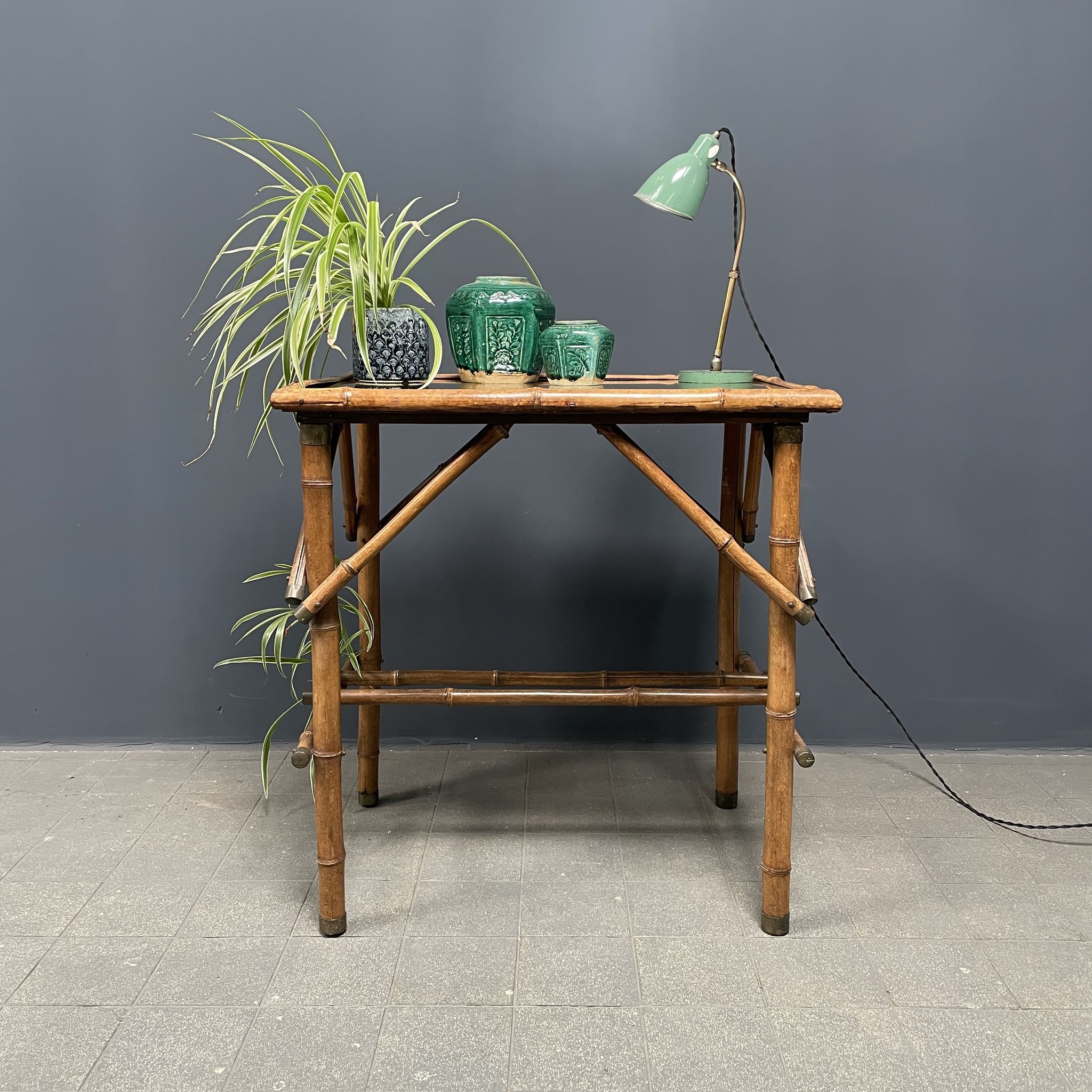 Bamboo side table with mirror top from France, 1940s