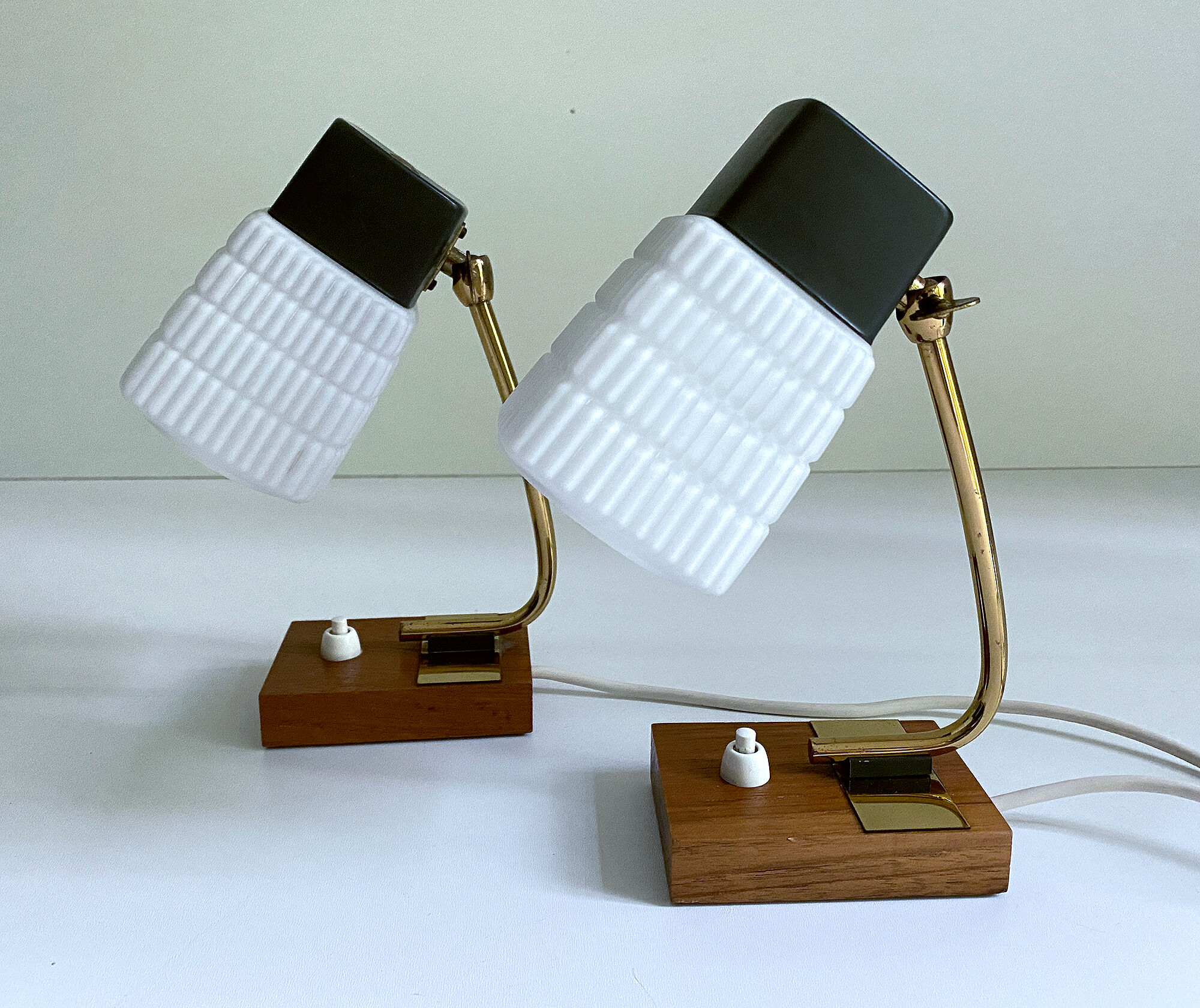 Pair of vintage Scandinavian lamps, teak and glass, 60s