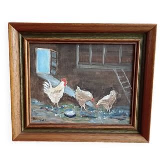 Painting, farmyard painting, hens signed