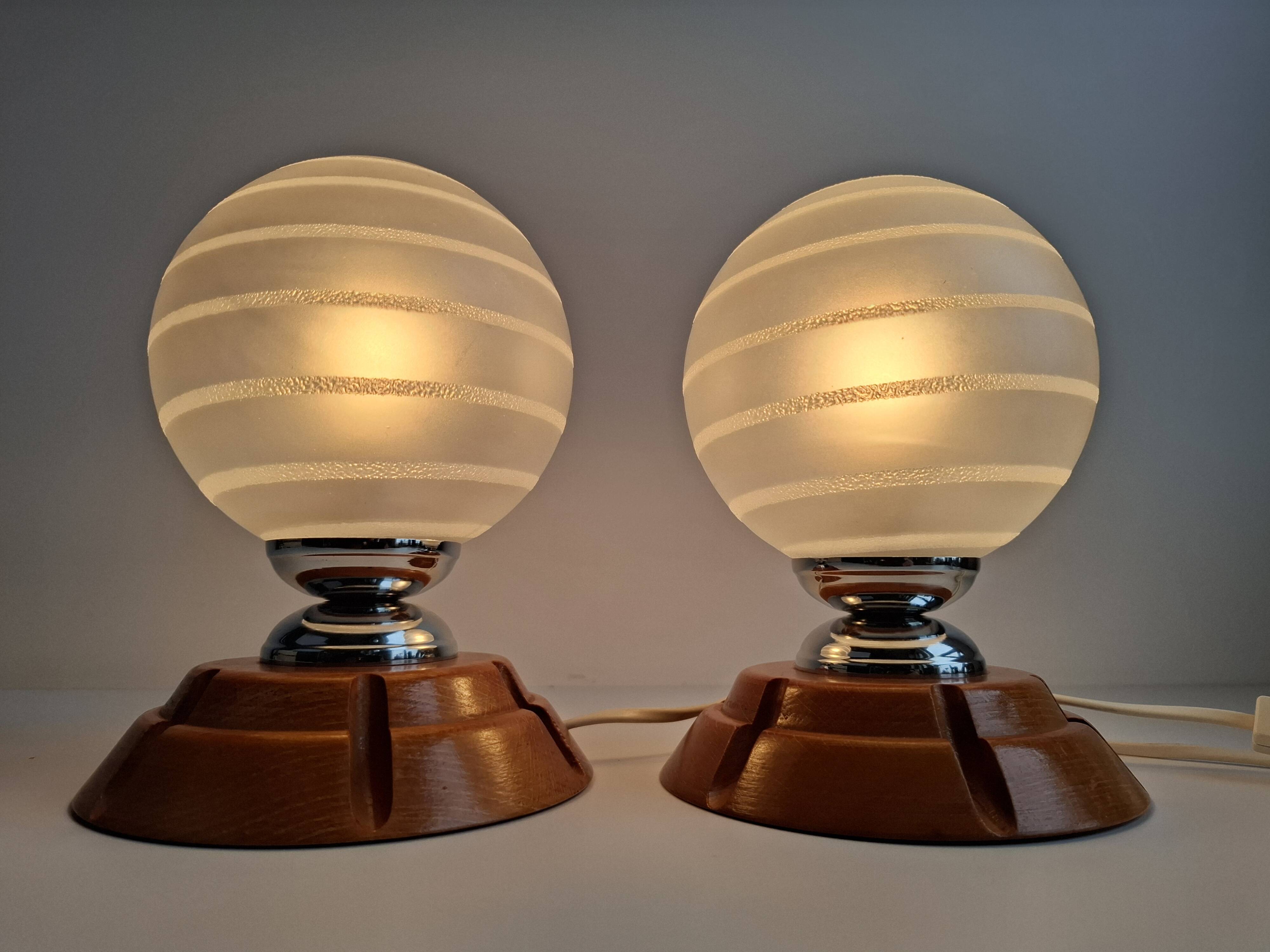 Pair of Mid-Century Czech Wood and Frosted Glass Table Lamps, 1990