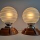 Pair of Mid-Century Czech Wood and Frosted Glass Table Lamps, 1990