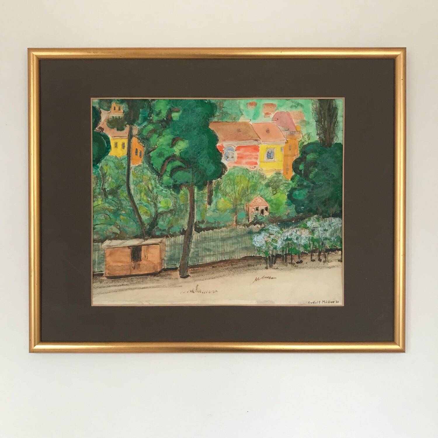 Rudolf möller 1881-1967. the houses, 1930. gouache. sbd. 30x40. frame
