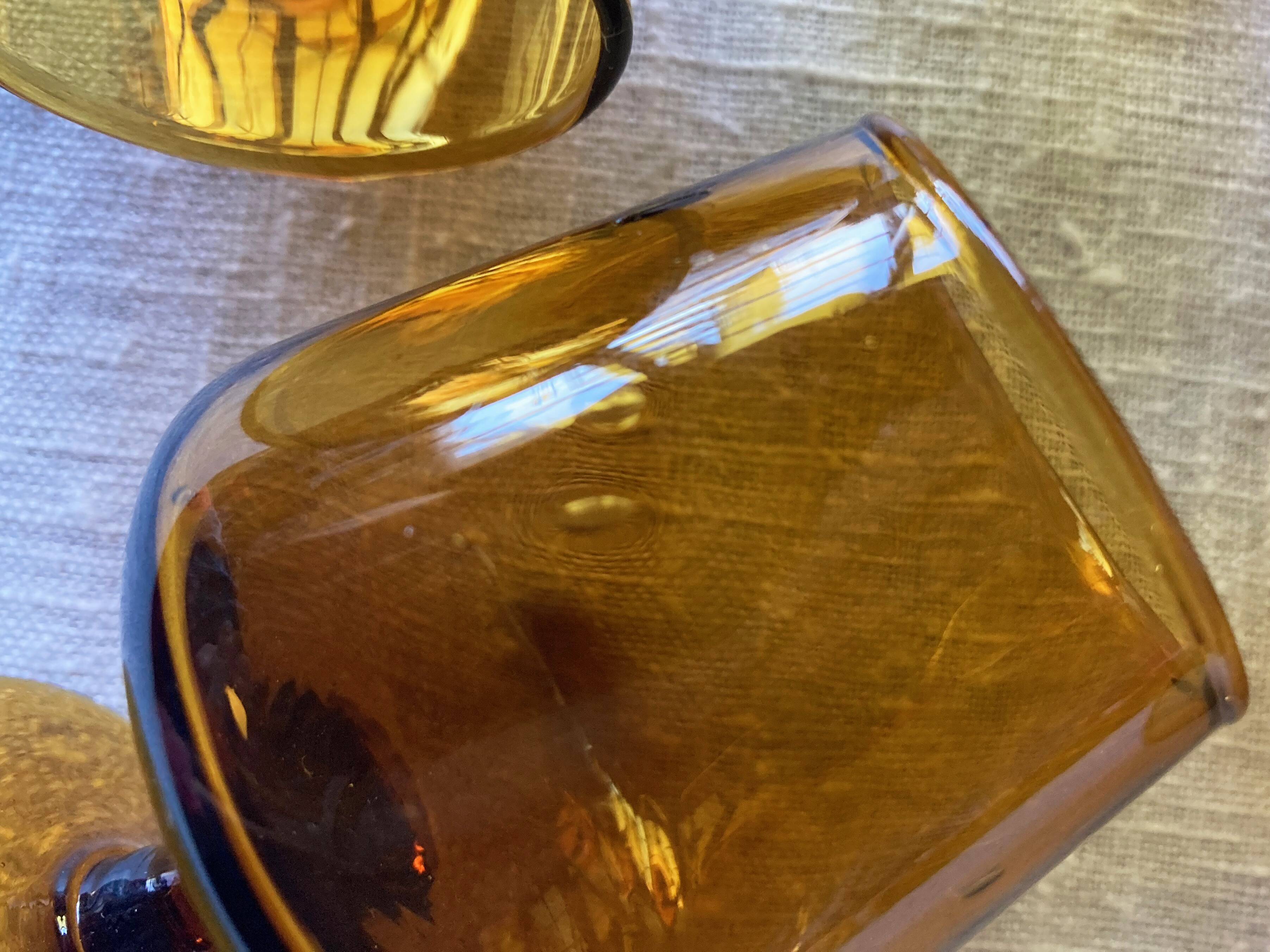 6 small amber glass stemmed glasses