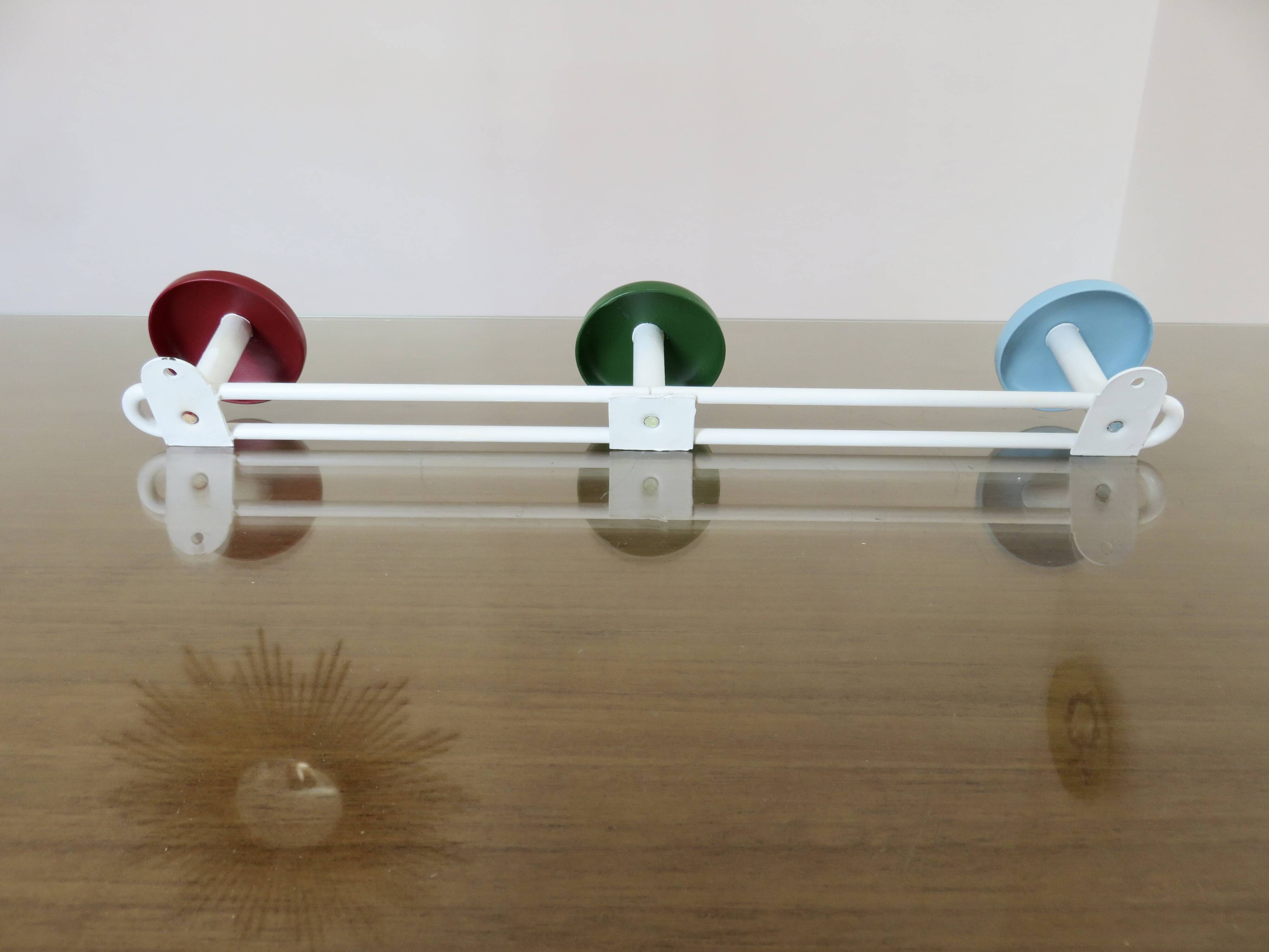 Metal coat rack, 3 colored hooks from the 60s and 70s
