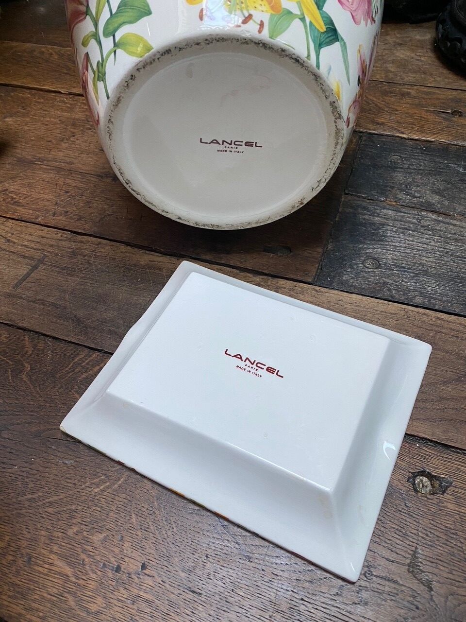 Lancel porcelain set bouquets of colored lilies vase and empty pocket ashtray