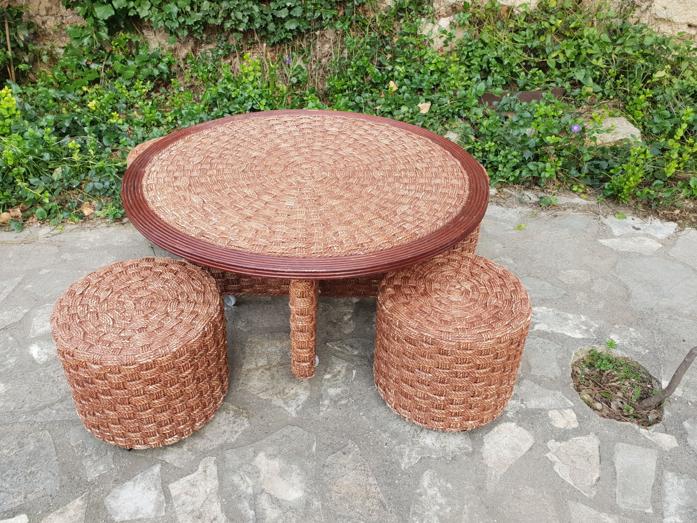 Vintage rope coffee table and stools