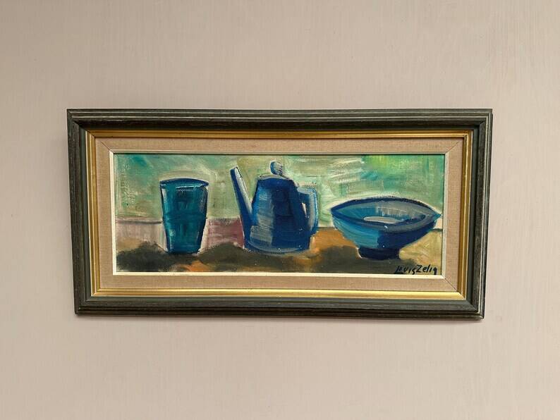Large Original Swedish Oil on Panel – “Kettle Bowl and Glass” by Louis Zelig – Signed – Vintage & Framed – 40 × 80 cm (15.7" × 31.5")