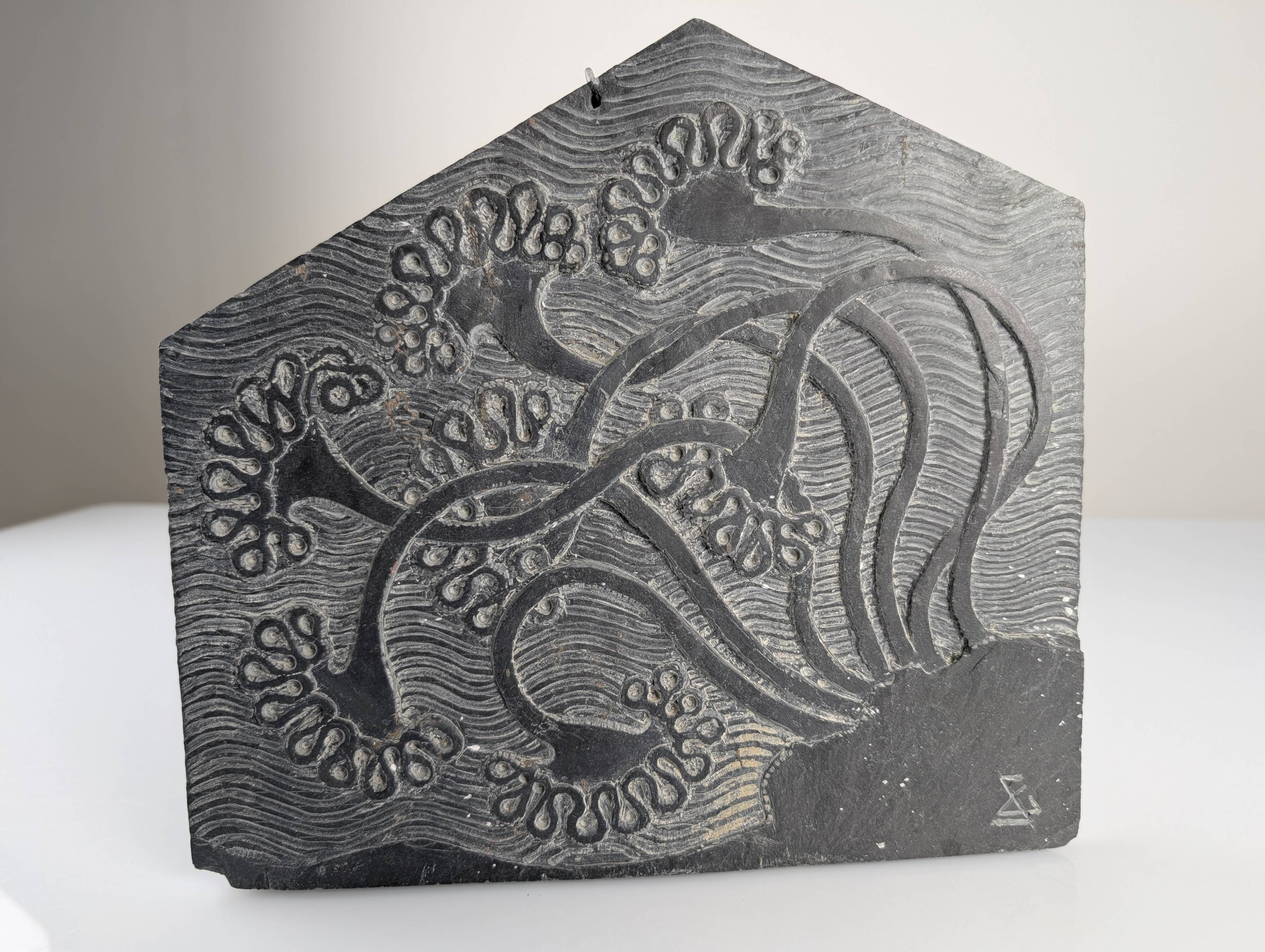 Slate Bas-Relief with Floral Motifs, Signed, 1970s