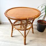 Vintage round rattan coffee table 1970